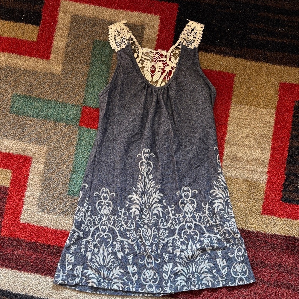 Lace Trim Denim Dress with White Floral Design
